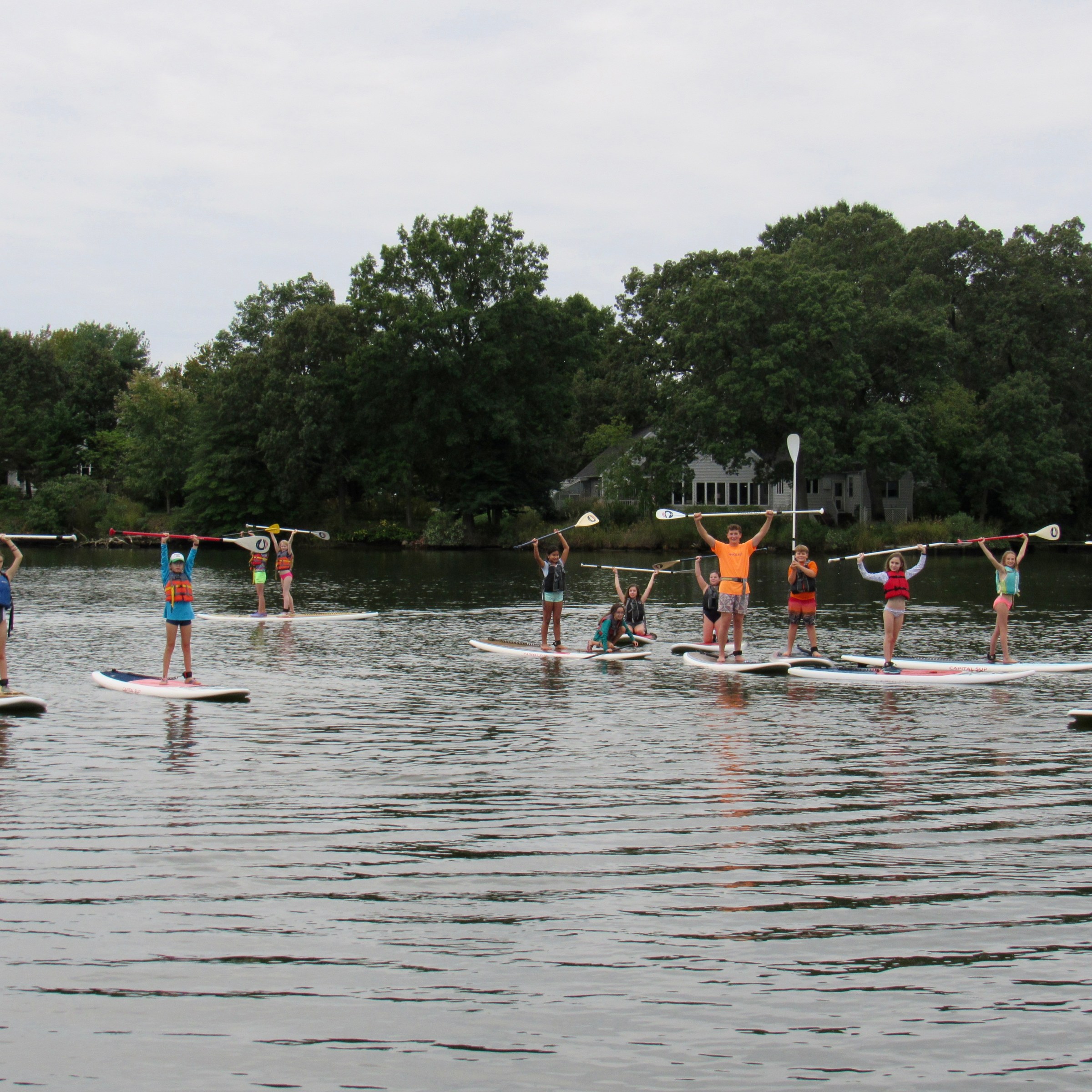 Group paddleboarding on a calm lake, raising paddles overhead.