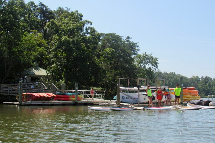 People on a dock with kayaks and paddleboards, surrounded by trees and calm water.