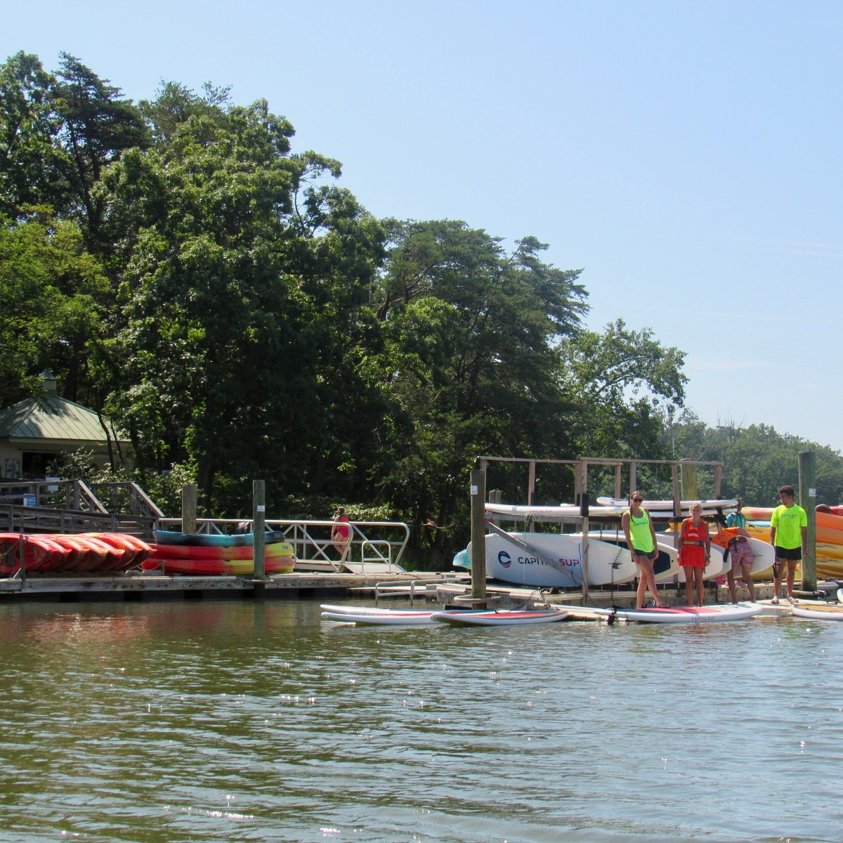People on a dock with kayaks and paddleboards, surrounded by trees and calm water.