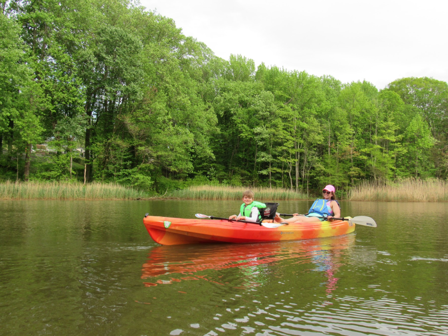a person riding on the back of a boat next to a lake