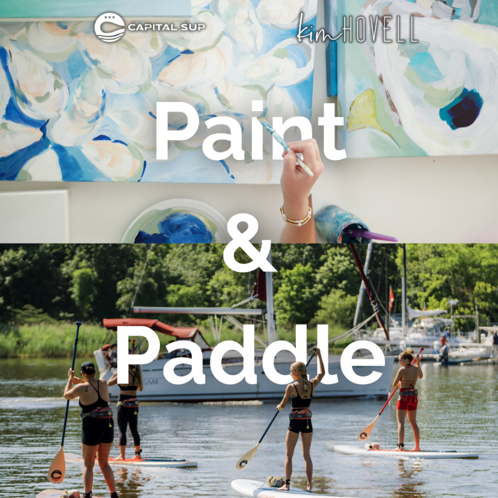 Split image: painting a floral art piece, people paddleboarding on a lake.