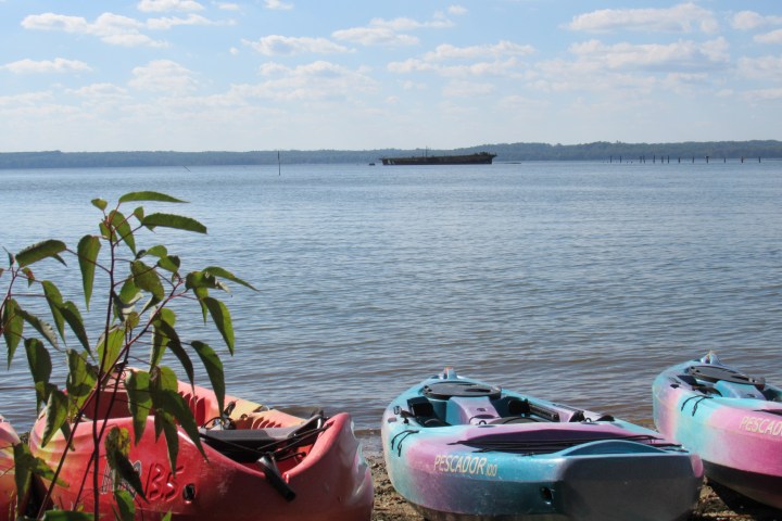 Colorful kayaks on a beach with a ship in the background on a sunny day.