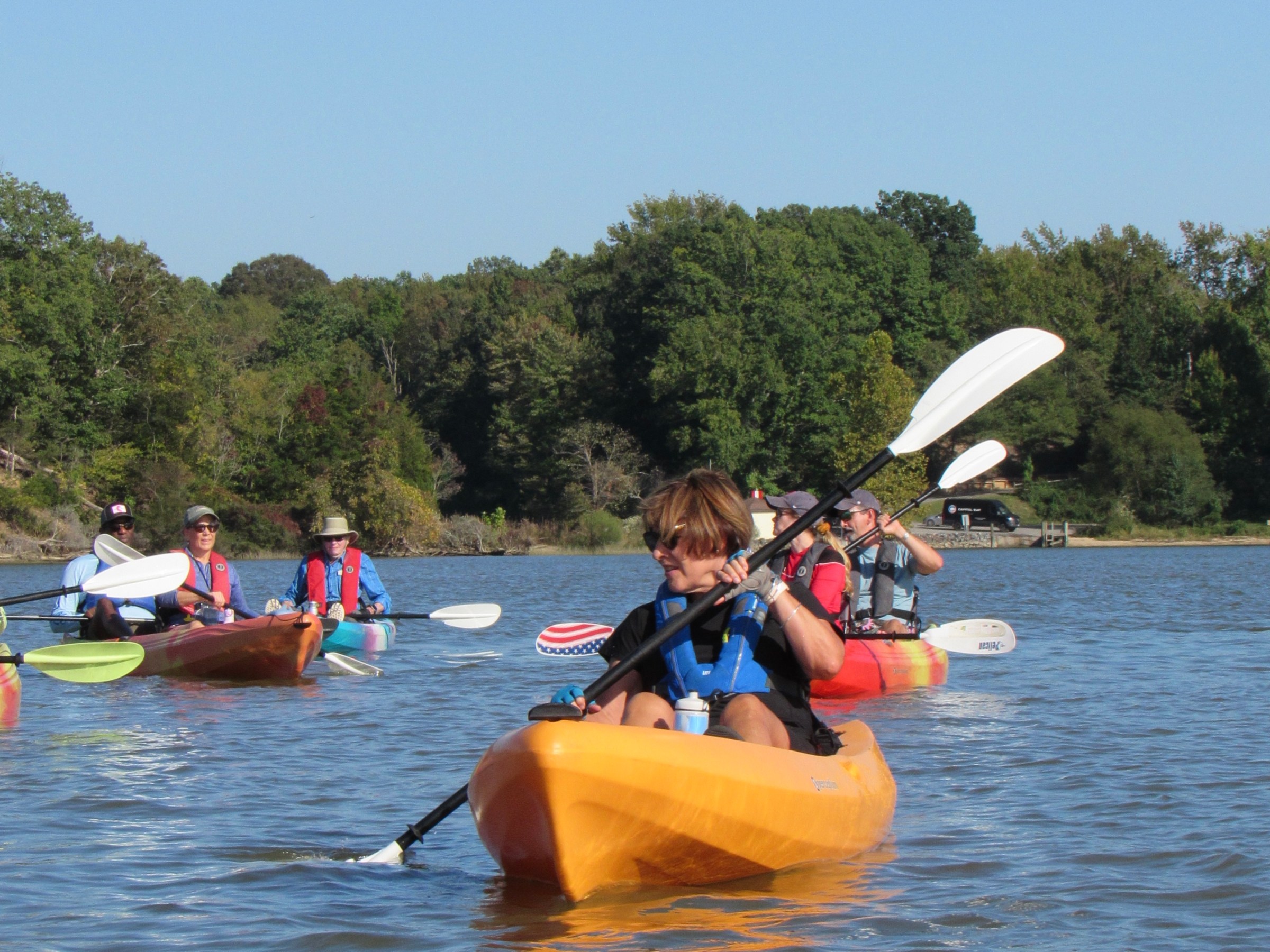 Group kayaking on a lake with trees in the background under a clear blue sky.