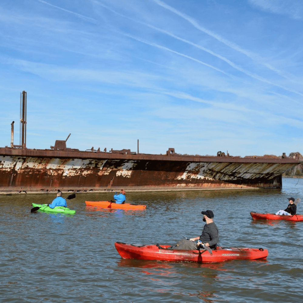Four kayakers paddle near a large, rusty shipwreck on calm water.