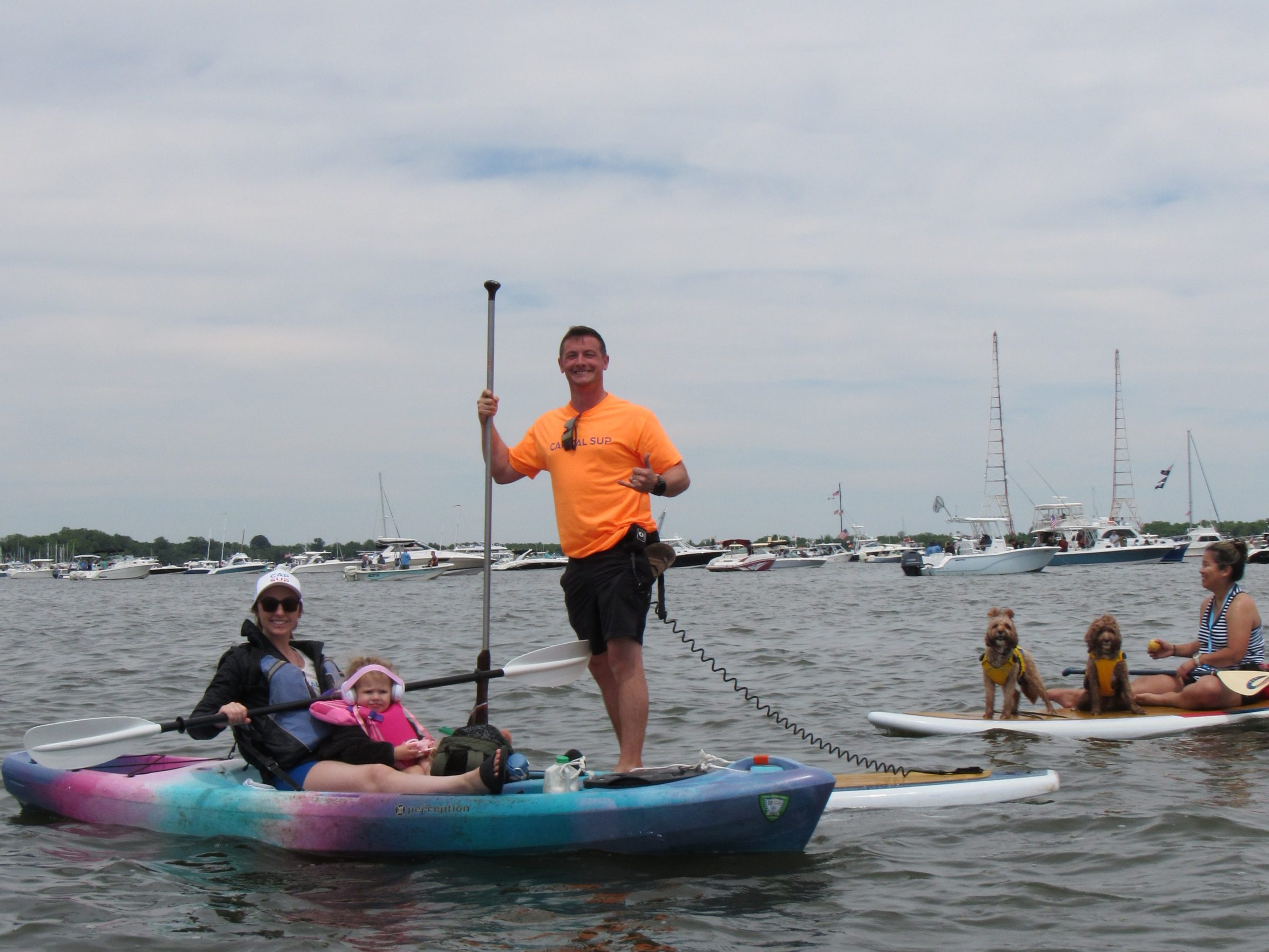 People kayaking with dogs on paddleboard in a harbor on a cloudy day.