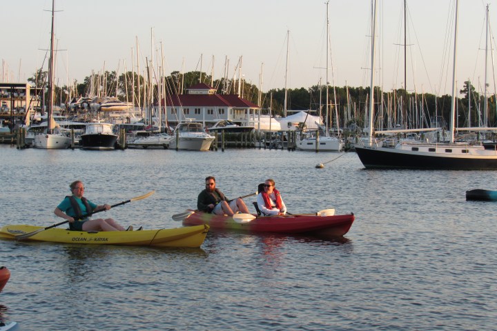 Three people kayaking near a marina with sailboats at sunset.