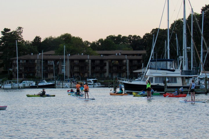 People kayaking and paddleboarding near docked boats at sunset.