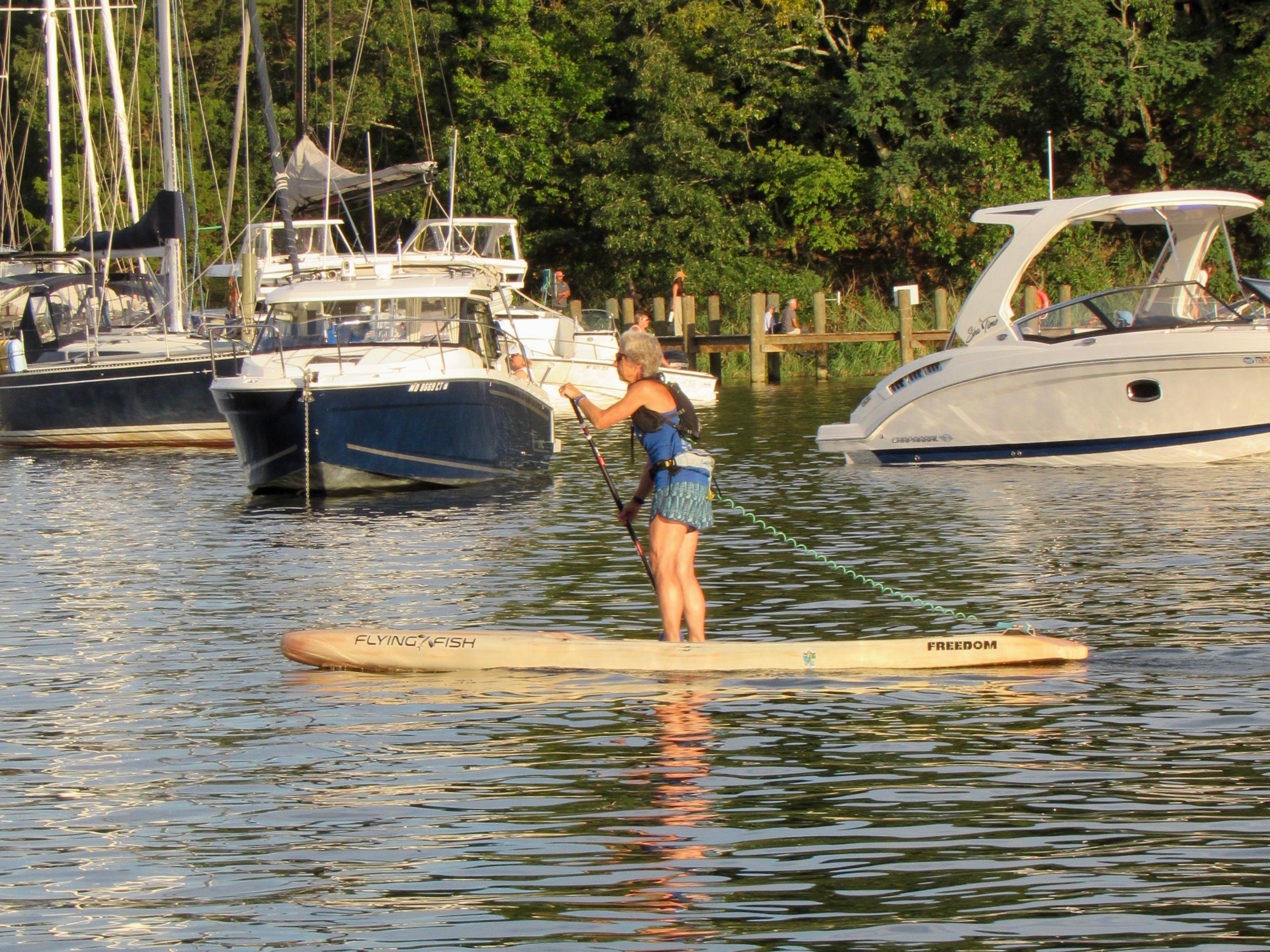 Person paddleboarding on water near boats and trees in the background.