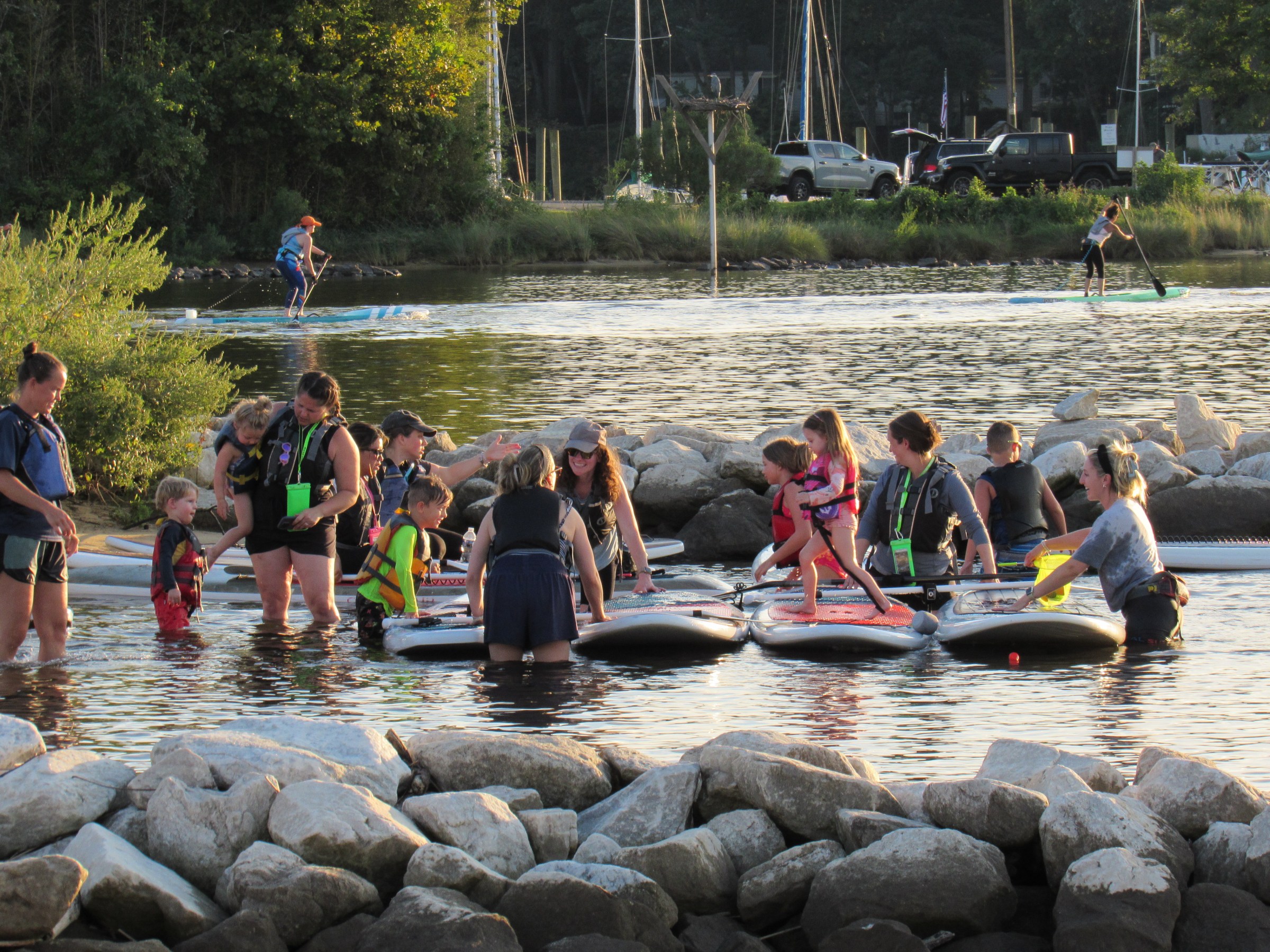 Group of people paddleboarding on a sunny day near a rocky shore.