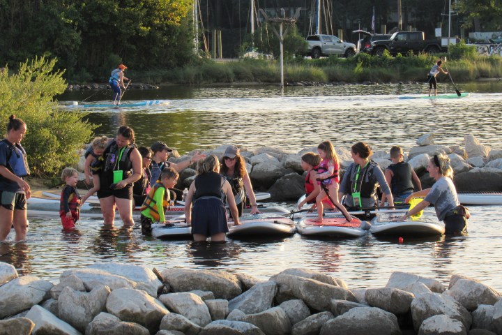 Group of people paddleboarding on a sunny day near a rocky shore.