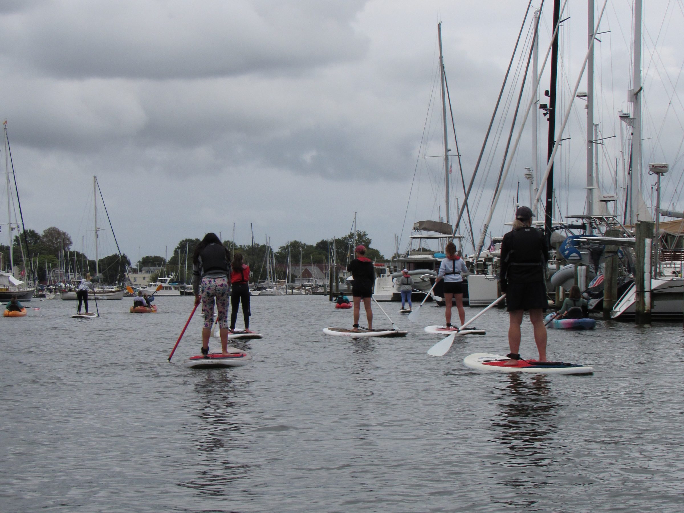 People paddleboarding on a cloudy day near docked sailboats.