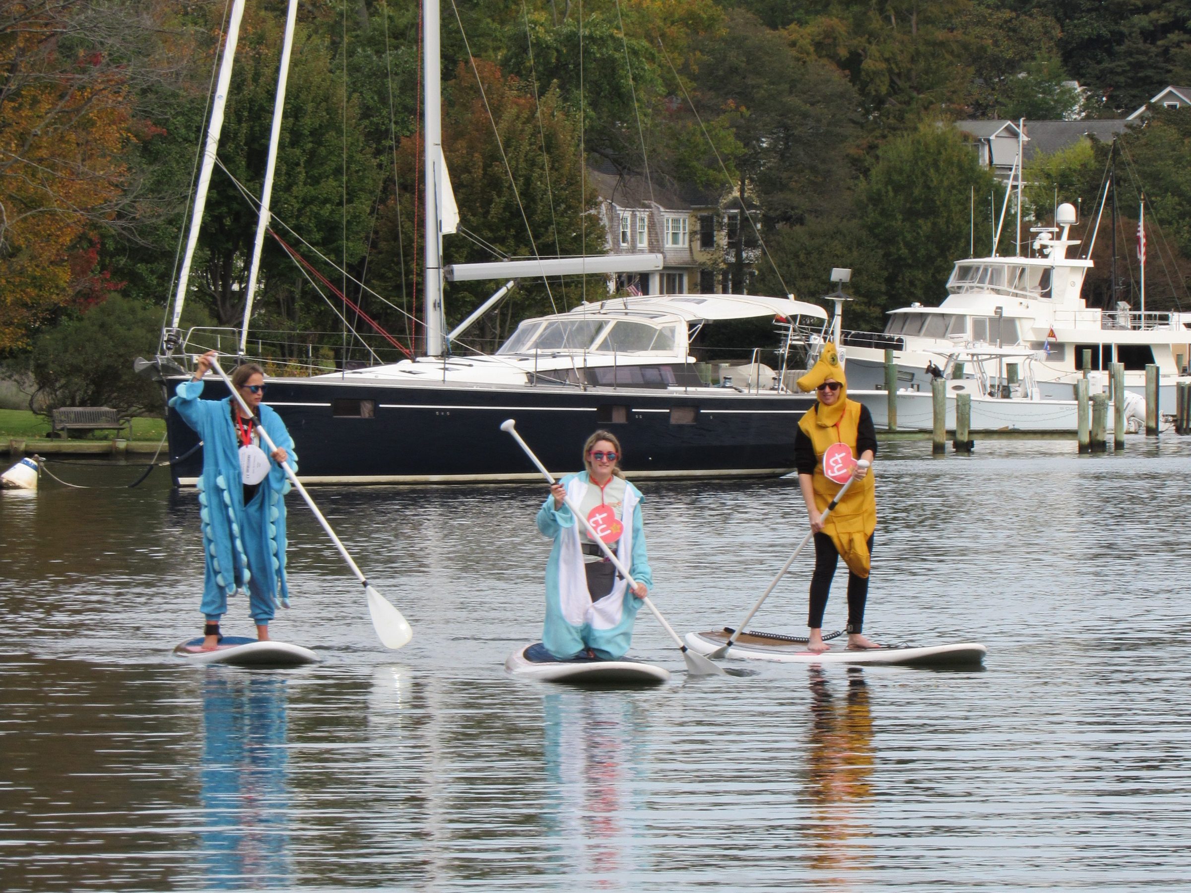 Three people in costumes paddleboarding on a calm lake near boats.