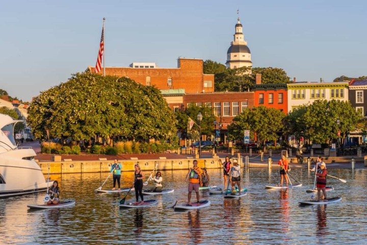 Group of people paddleboarding on water in front of colorful buildings and trees.