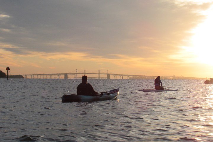 Kayakers on a body of water at sunset with a bridge in the background.