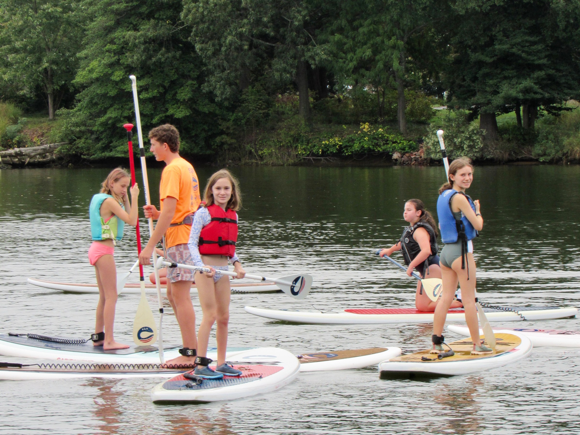 Group of kids paddleboarding on a calm lake near a forested shoreline.