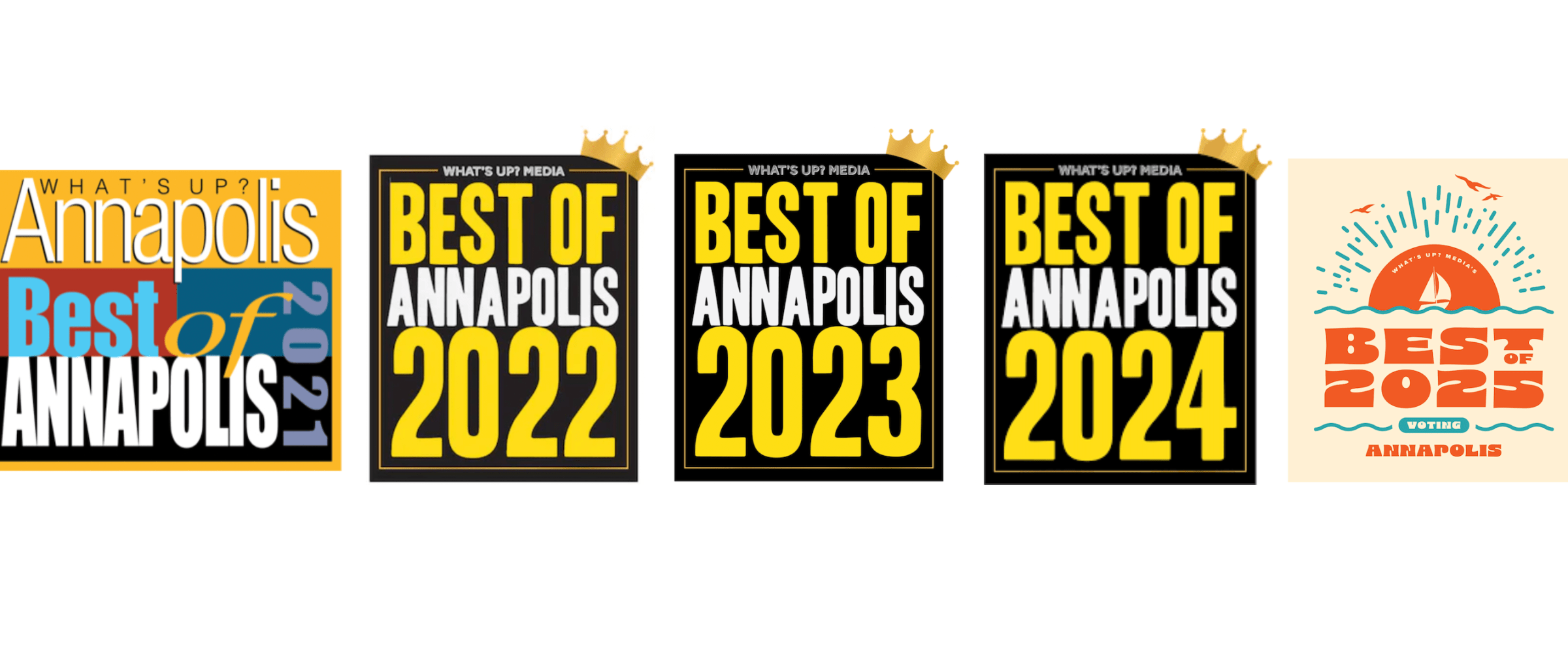 Five 'Best of Annapolis' award graphics from 2021 to 2025.