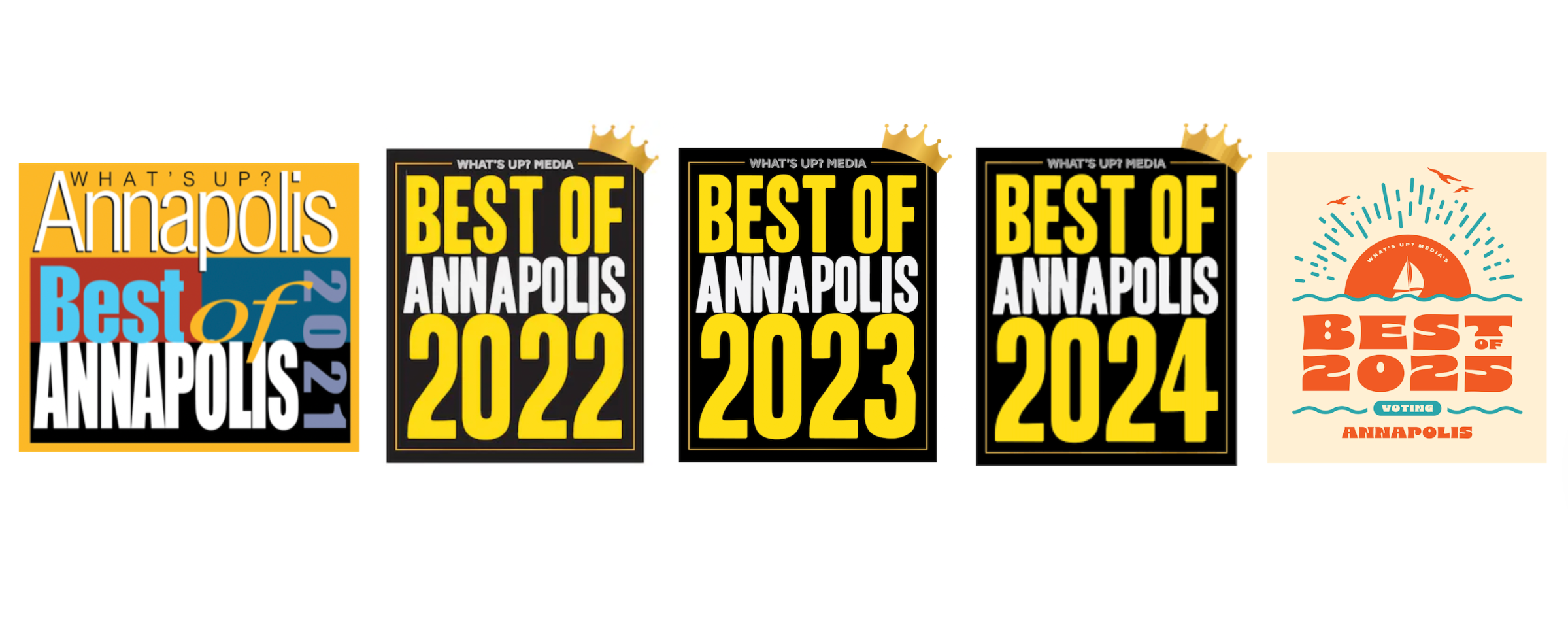Five 'Best of Annapolis' award graphics from 2021 to 2025.