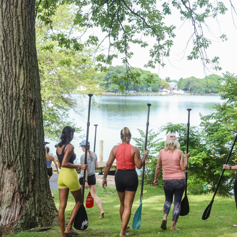 Group of people carrying paddles walking towards a lake under a tree.