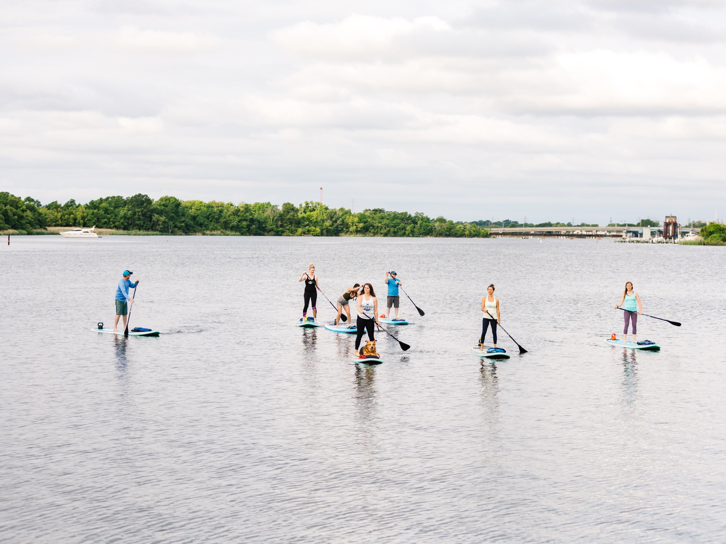 Group of people paddleboarding on a calm lake under a cloudy sky.