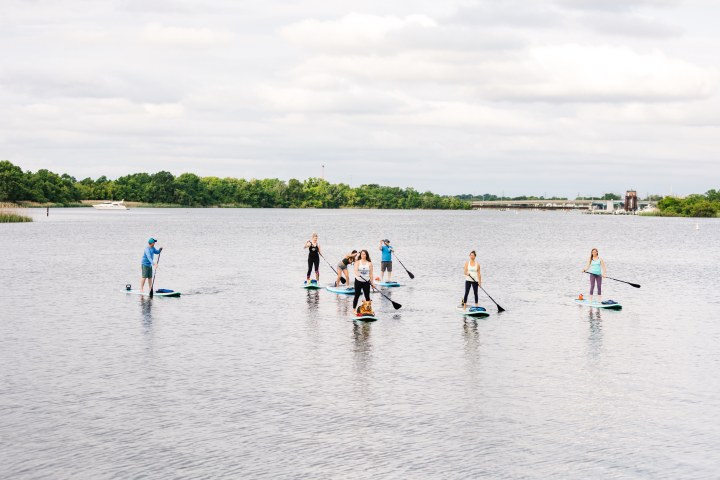 Group of people paddleboarding on a calm lake under a cloudy sky.