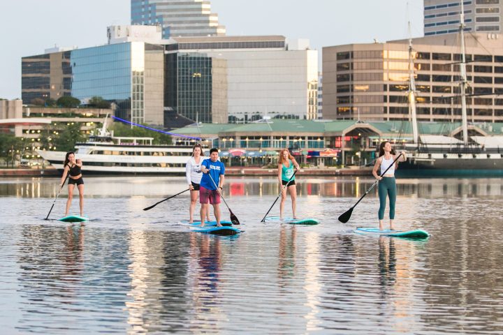 Group paddleboarding on a calm city waterfront with tall buildings in the background.