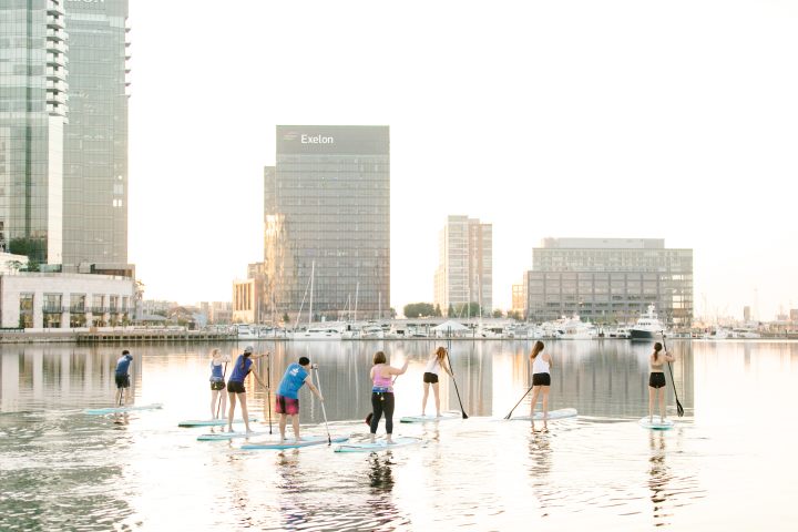 Group paddleboarding on calm water with city skyline in background at sunset.