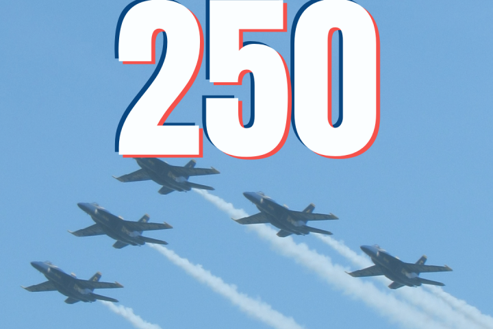Five jets flying in formation with 'SAIL 250' text above.
