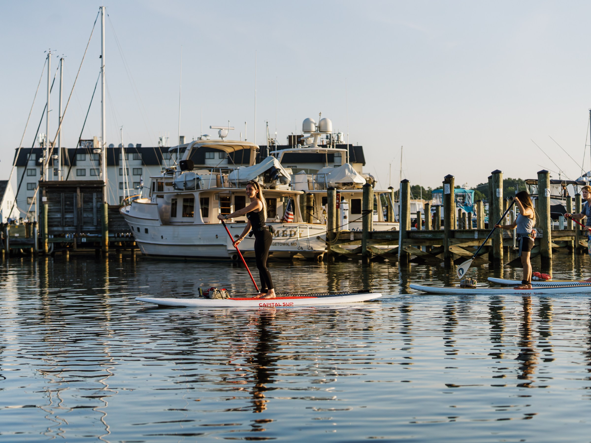 People paddleboarding on water near boats and docks.