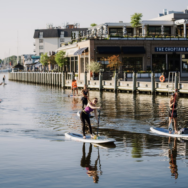 People paddleboarding on a calm waterway near a dock with buildings.