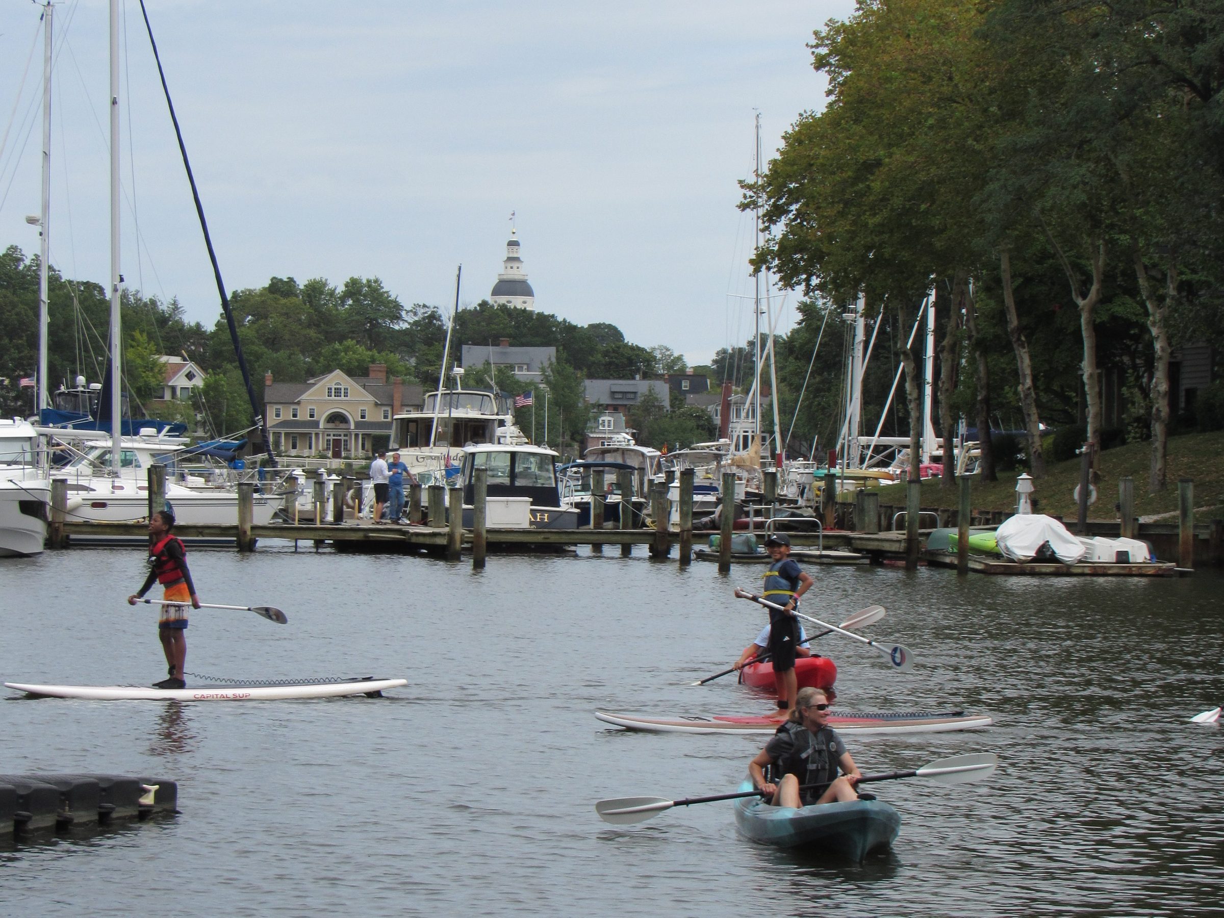 People kayaking on a marina with boats and trees in the background.