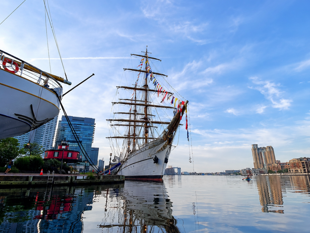 Large sailboat with colorful flags docked on calm water, viewed from a kayak's perspective.