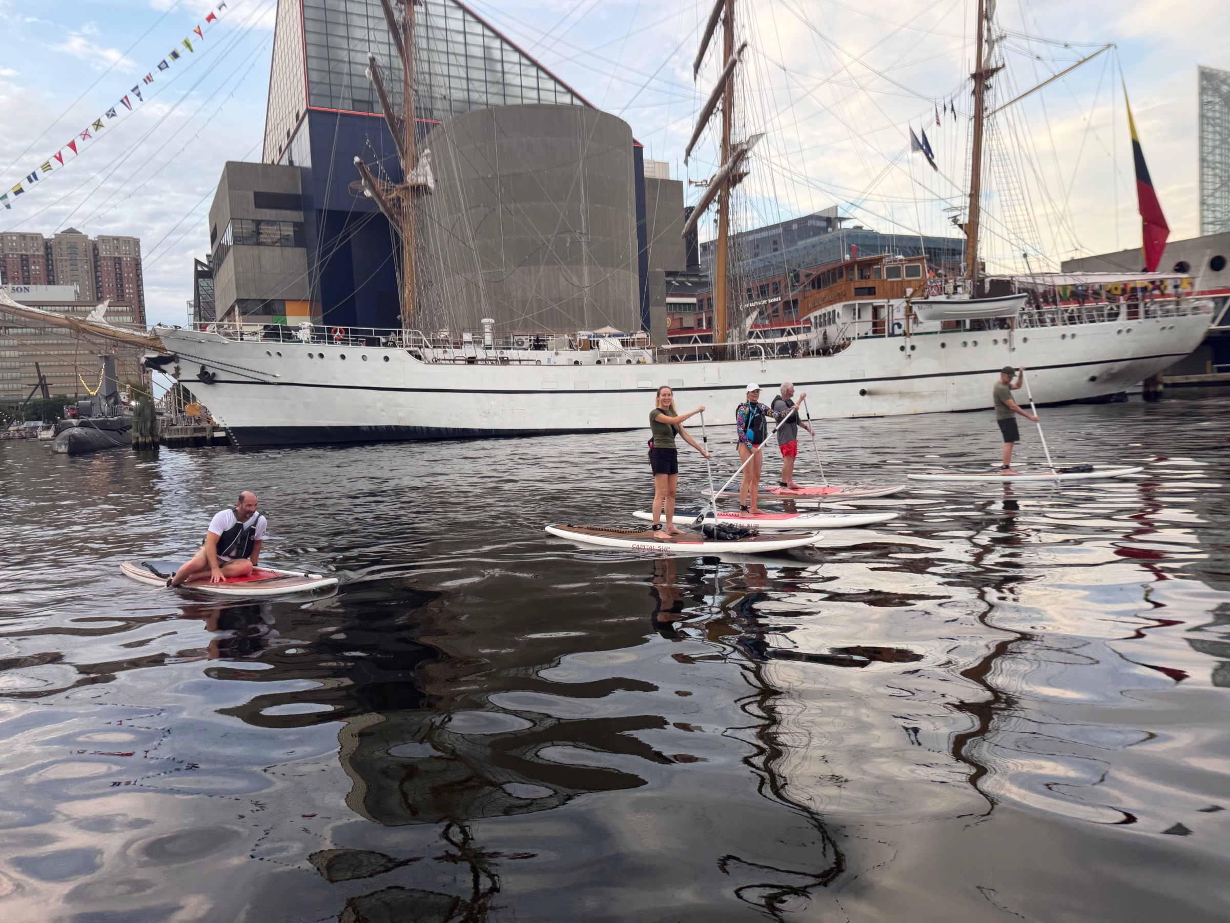 People paddleboarding near a docked tall ship in a harbor.